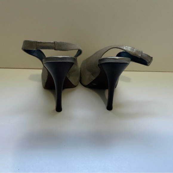 *BCBG MAXAZRIA Gold Metallic Lame Finish Peep Toe Slingback Pumps - Picture 4 of 6